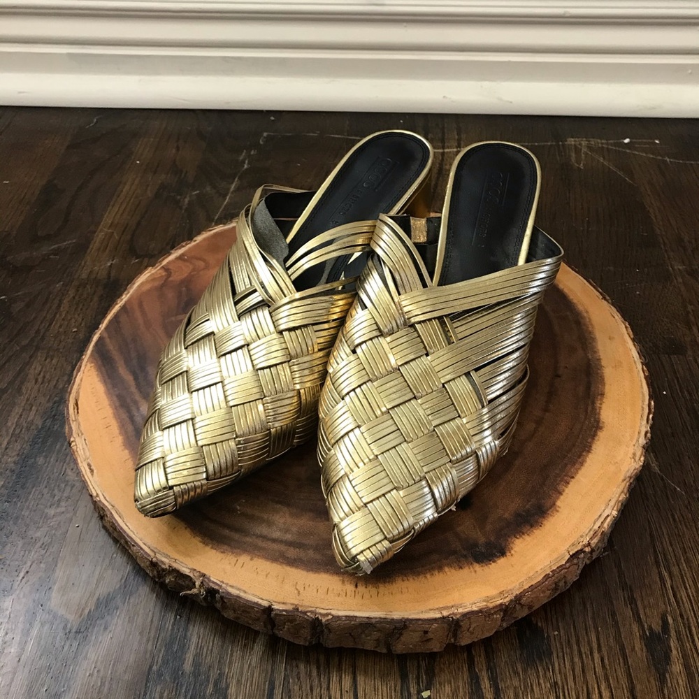 ASOS, metallic gold, heeled, pointed mules